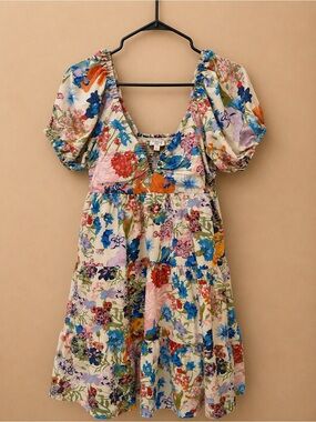 entro Floral Square-Neck Mini Dress in Cream with Blue & Green Blooms